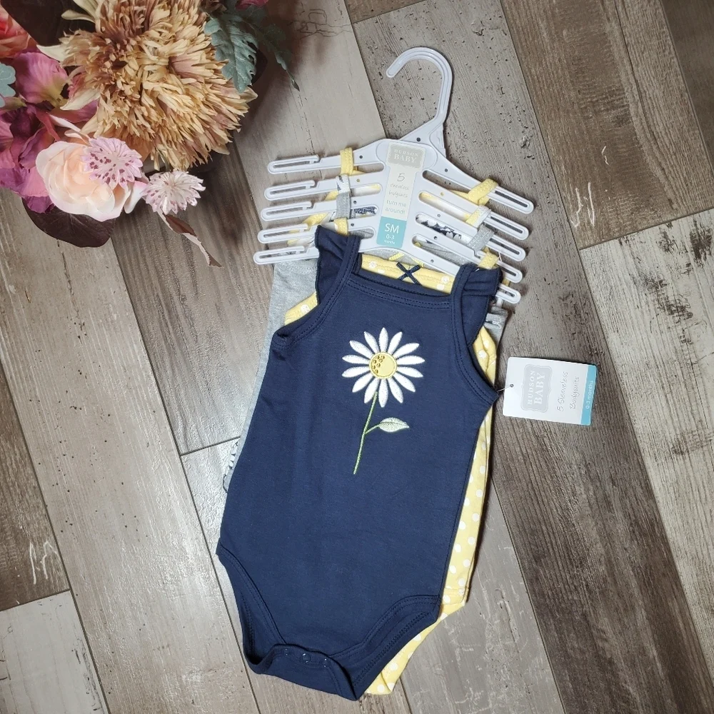 NWT Hudson Baby Navy and Yellow Daisy Bodysuit Set 100% Cotton 5pc 0-3M